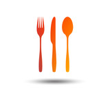 Fototapeta  - Fork, knife, tablespoon sign icon. Cutlery collection set symbol. Blurred gradient design element. Vivid graphic flat icon. Vector