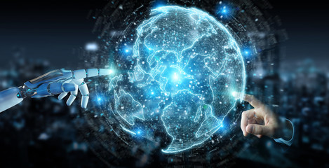 Wall Mural - White robot hand using globe network hologram with America Usa map 3D rendering