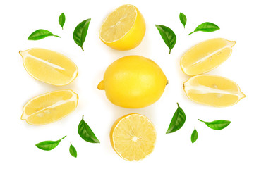 Wall Mural - lemon and slices with leaf isolated on white background. Flat lay, top view
