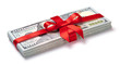 Concept, money as gift, win or bonus. Pile of 100 dollar bills is tied with red ribbon with bow. Isolated on white background.