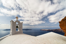 Wide View From The Crater Rim Over The Roof Of A Typical Church To The Opposite Islands - Location: Greece, Cyclades, Santorini (Santorin, Thira)