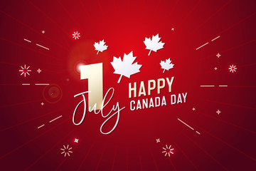 Wall Mural - Happy Canada Day, first of july. Vector background illustration. Canadian flag colors and maple leaf shapes. Retro style with calligraphic text and firework elements