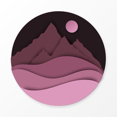 Poster - Paper landscape with hills, mountains, moon. Ecology, world environment concept. Paper art modern style