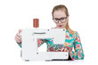 © afxhome - Young girl with glasses sews on a sewing machine, isolated on white background