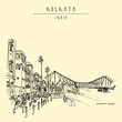 Kolkata, India. Howrah Junction Railway Station and Howrah Bridge. Hand drawn travel postcard