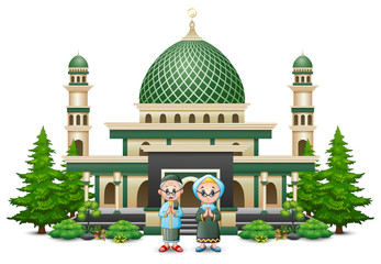 Wall Mural - Happy Muslim Family in front of a mosque