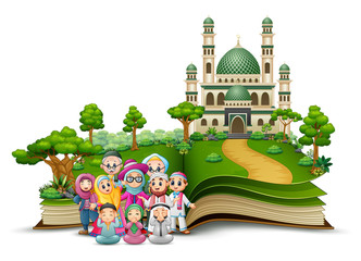 Wall Mural - Happy Muslim Family in front the mosque of an opened book