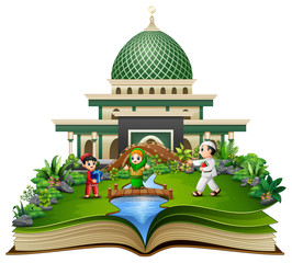 Wall Mural - Open a book with group of Happy Muslims people in front of an Islamic mosque