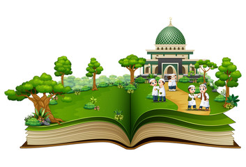 Wall Mural - Open a book with Group of Muslim people shaking hands in front of an Islamic mosque