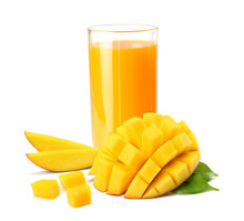 Mango Juice With Mango Slice Isolated On White Background. Glass Of Mango Juice.