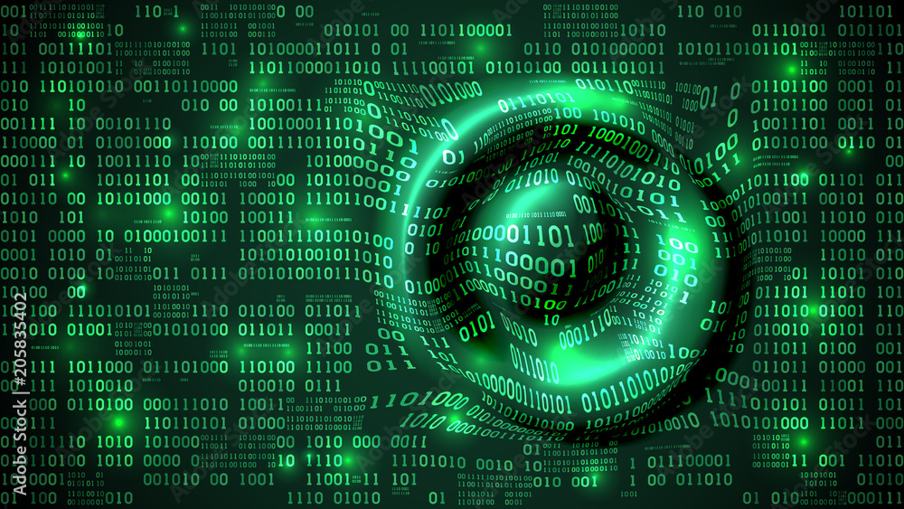 Abstract futuristic cyberspace with binary code and circular waves ...