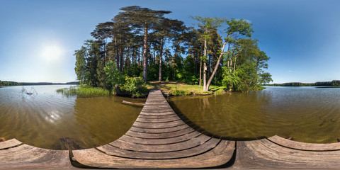 Wall Mural - full seamless panorama 360 by 180 angle view on the pier of a huge forest lake in sunny summer day in equirectangular projection, skybox VR content