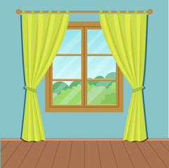  Window whis green curtains in the room. Vector flat illustration