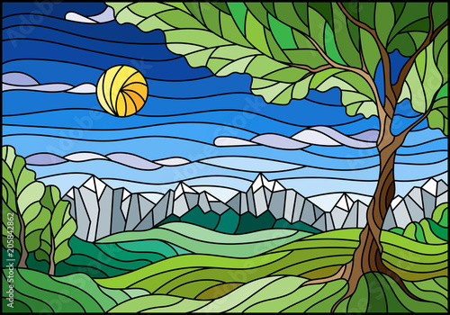 Dekoracja na wymiar  ilustracja-w-stylu-witrazu-z-krajobrazem-zielonym-drzewem-na-gorskim-krajobrazie-i-sunny