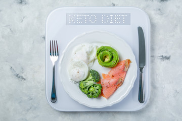 Wall Mural - Ketogenic food concept - plate with keto food on weights