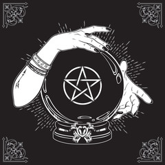 Wall Mural - Hand drawn magic crystal ball with pentagram star in hands of fortune teller line art and dot work. Boho chic tattoo, poster or altar veil print design vector illustration.