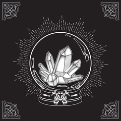 Wall Mural - Hand drawn magic crystal ball with gems line art and dot work. Boho chic tattoo, poster or altar veil print design vector illustration.