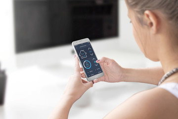 Poster - Woman control home temperature and security from office with modern mobile app.