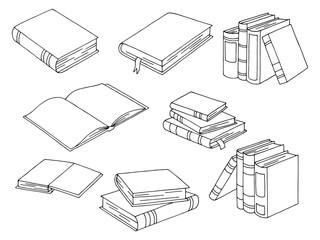 Books set graphic black white isolated sketch illustration vector