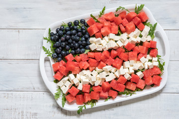 Wall Mural - Patriotic American flag salad with blueberry, watermelon and feta