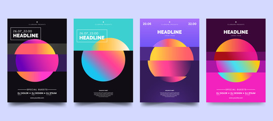 Vector colorful glitch poster set. Circle shape with modern Tv distortion effect. Abstract geometric background with vhs glitch effect. Applicable for banner design, cover, invitation, party flyer.