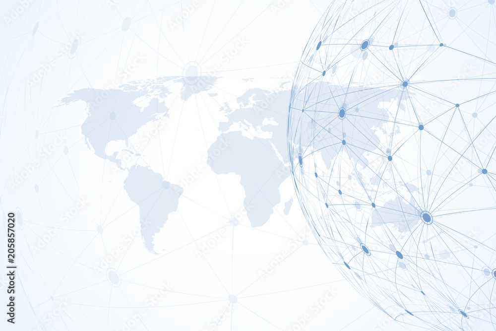 Global network connections with world map. Internet connection background. Abstract connection structure. Polygonal space background. Vector illustration. - obrazy, fototapety, plakaty 