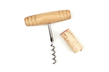 Wall Mural - A wine corkscrew and cork on a white background with copy space