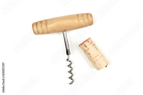 Fotografía A wine corkscrew and cork on a white background with copy space
