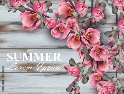 Summer background with pink flowers branches on wooden background. Vector rea...