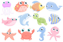 Cute Sea Animals. Flat Design.