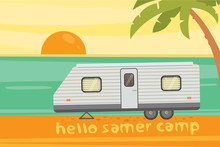 Camping On Tropical Beach. Summer Travel, Camper Trailer Vector Illustration.
