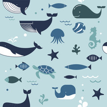 Sea Life, Whales, Dolphins, Seamless Pattern