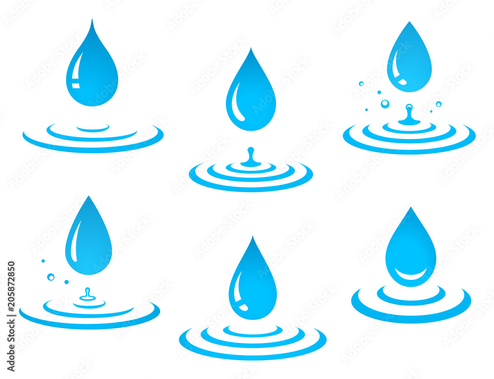set of blue water drop and splash - obrazy, fototapety, plakaty 