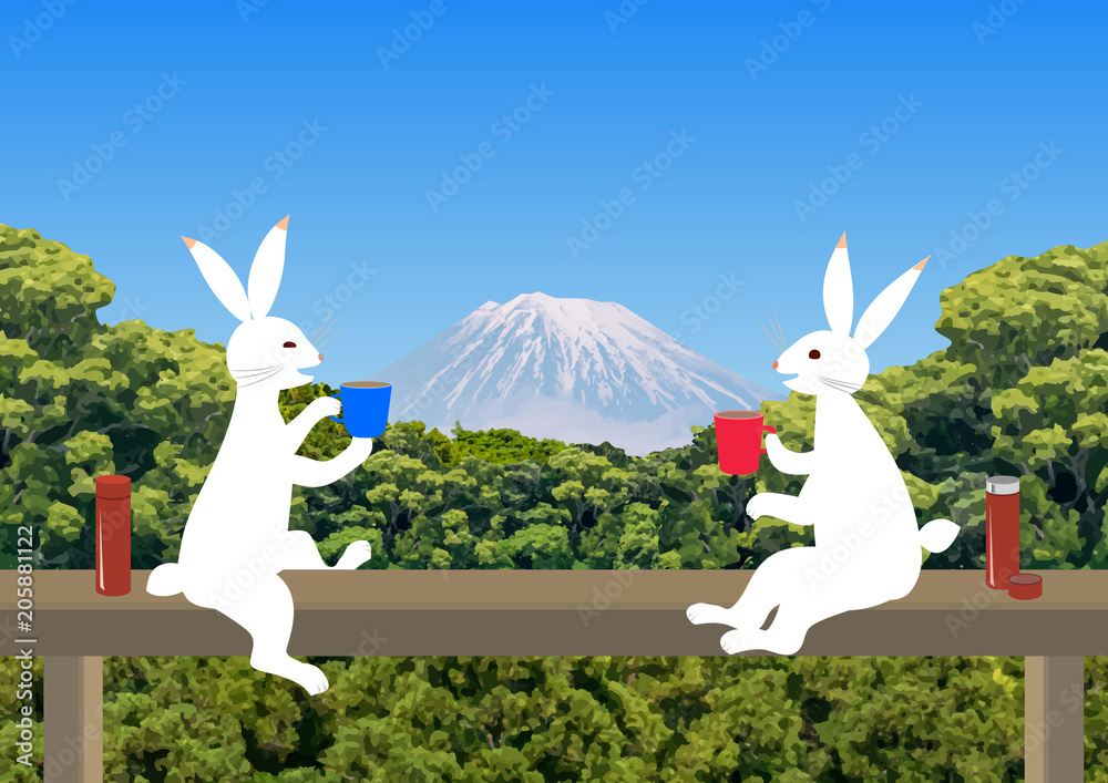 鳥獣戯画っぽいウサギが富士山背景にお気に入りのマグでコーヒーを飲む 