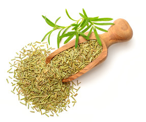 Poster - dried rosemary in the wooden scoop, isolated on white, top view