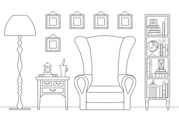 Wall Mural - Outline interior. Vector linear illustration. Room with furniture and decor.