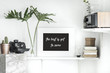 © FollowTheFlow - Home interior with mock up frame , cacti, vintage radio, photo camera, books and modern leafs. Shelf concept in scandi interior.