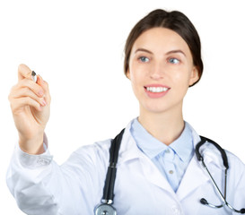 Sticker - Young woman doctor making presentation isolated on white background