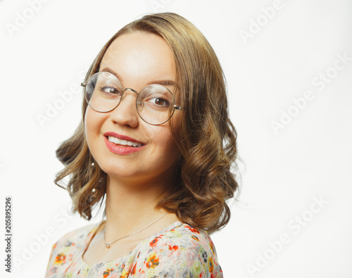 Horizontal Close Up Portrait Of Woman In Round Spectacles With
