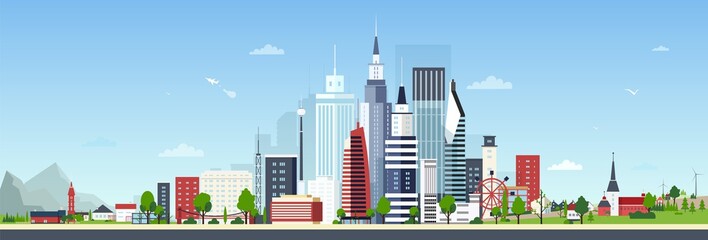 Fototapete - Urban landscape with modern down town or city center and small private residential houses against blue sky on background. Beautiful cityscape. Colorful vector illustration in flat cartoon style.
