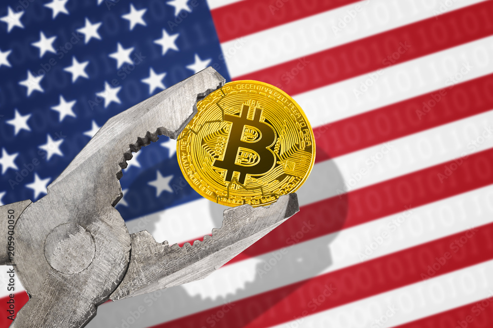 BITCOIN (BTC) coin in a vice under pressure on USA flag background (United States of America). Prohibition of bitcoin cryptocurrency; regulations; restrictions or security