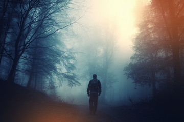 Wall Mural - magical forest scene with man walking on dark scary road