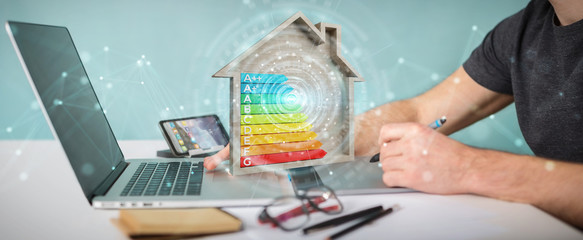 Wall Mural - graphic designer using 3d rendering energy rating chart in a wooden house