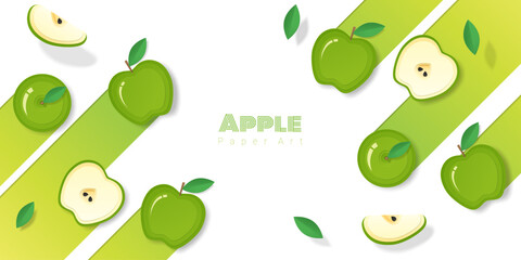 Wall Mural - Fresh green apple fruit background in paper art style , vector , illustration