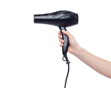 Woman Holding Professional Hair Dryer At White Background, Isolated