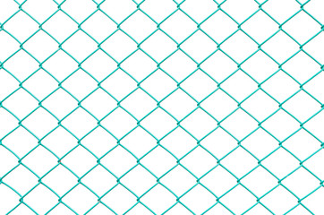 Closeup surface green metal net at fence isolated on white background