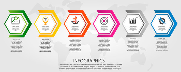 Timeline modern vector illustration 3D. Infographic template with six hexagon with arrows. Designed for business, presentations, web design, diagrams with 6 steps for workflow layout, annual report