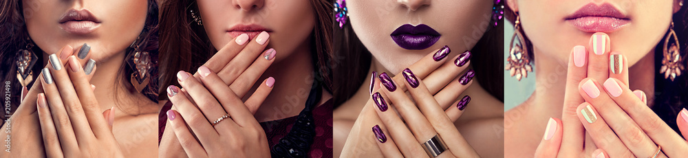 Beauty fashion model with different make-up and nail art design wearing jewelry. Set of manicure. Four stylish looks - obrazy, fototapety, plakaty 