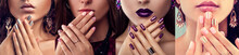 Beauty Fashion Model With Different Make-up And Nail Art Design Wearing Jewelry. Set Of Manicure. Four Stylish Looks