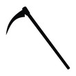 A black and white silhouette of a scythe